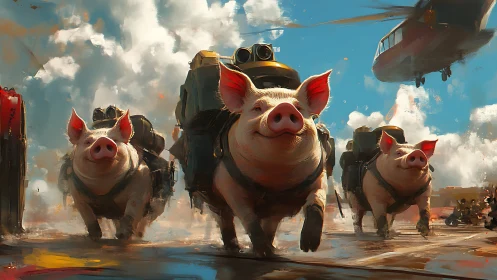 Armored pigs advance across tarmac under low helicopter