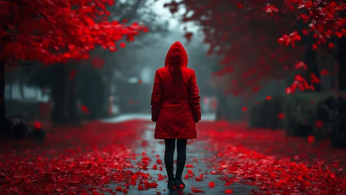 Solitary figure in red coat walking through scarlet fog.
