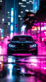 Neon storm sedan prowls through cyber-lit midnight streets.