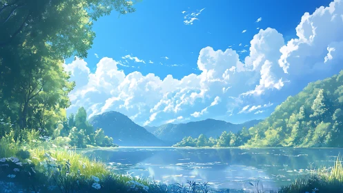 Sunlit lake valley rests beneath vast drifting summer clouds