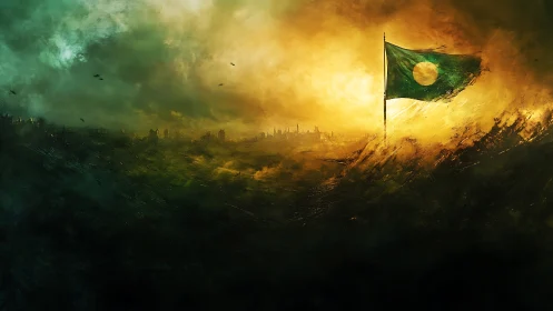 Green flag with circular emblem stands over hazy landscape