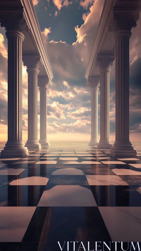 Sunlit marble colonnade opens onto a radiant endless sky