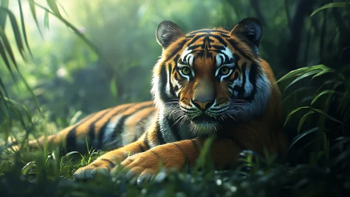 Resting tiger under diffused forest light with shallow depth