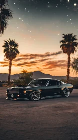 Low-slung classic muscle car is parked in desert landscape