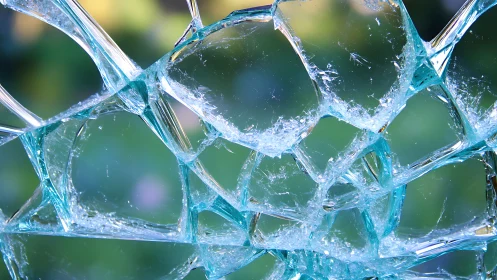 Shattered glass pane with irregular cracks in foreground.