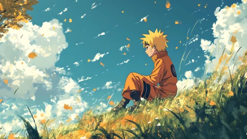 Anime boy resting on windy hillside under bright sky.