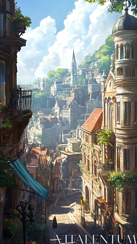 Sunlit hillside city street opens into a dreamy fantasy view