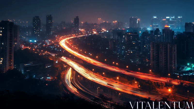 Curved elevated highway cuts through dense city at night