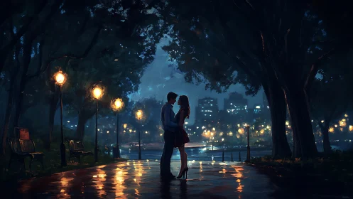 Urban Romantic Encounter: Nocturnal Park Promenade Beneath Canopy.