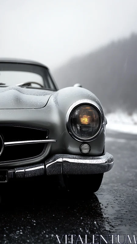 Classic silver coupe front end sits on wet winter road