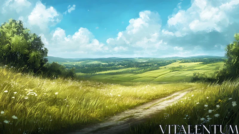 Sunlit dirt path curves through open summer countryside