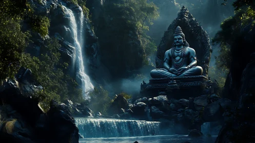 Serene stone deity beside misty forest waterfall at dusk.
