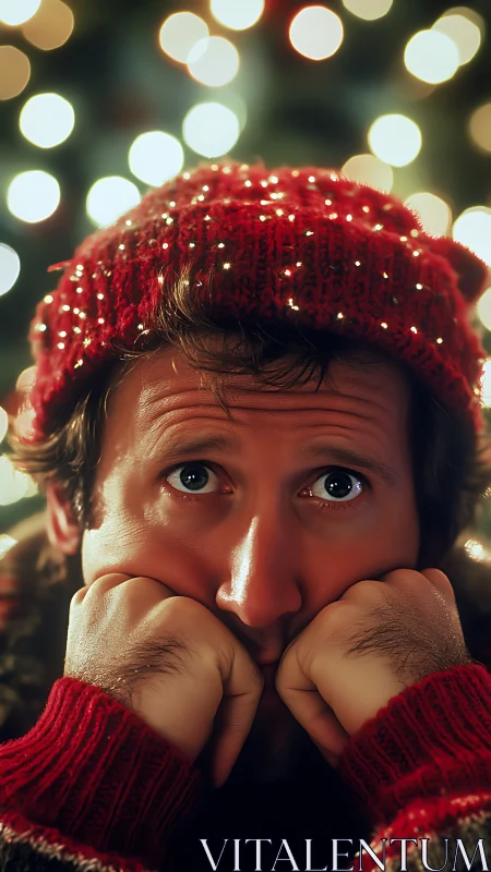 Holiday daydreamer glows beneath a blizzard of bokeh lights.