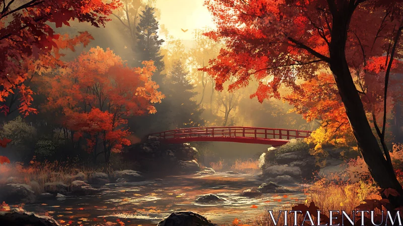 Autumn forest river with red bridge rendered in digital painting