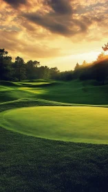 Sunset-illuminated golf green with sculpted fairway contours.