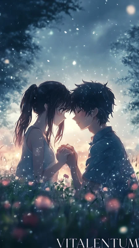 Two lovers share a quiet vow beneath a glowing twilight sky