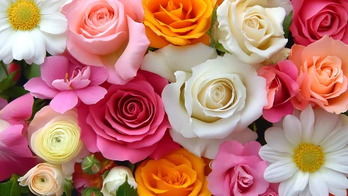 Multi-hued floral arrangement with roses, ranunculus, daisies, botanical palette study