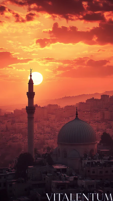 Minaret and domed mosque silhouette under dense crimson sunset