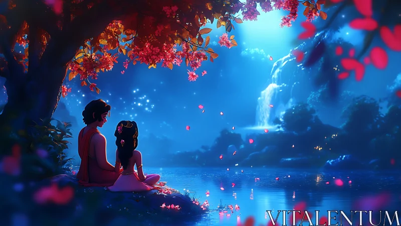 Two figures beneath crimson blooms in an ethereal blue realm
