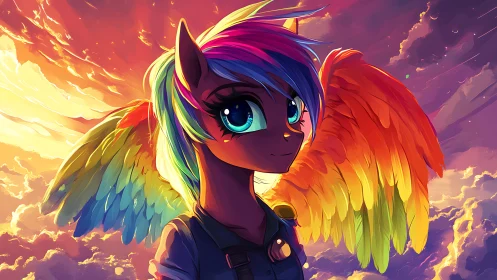 Radiant rainbow pegasus basking in a glowing sunset sky.