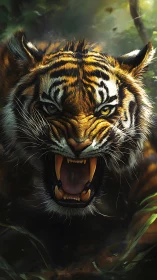 Close-range predatory tiger portrait with dynamic lighting detail.