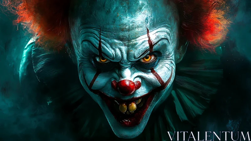 Neon nightmare jester grinning through teal carnival fog.