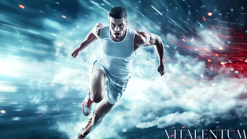 Explosive sprinter charges through neon speed trails.