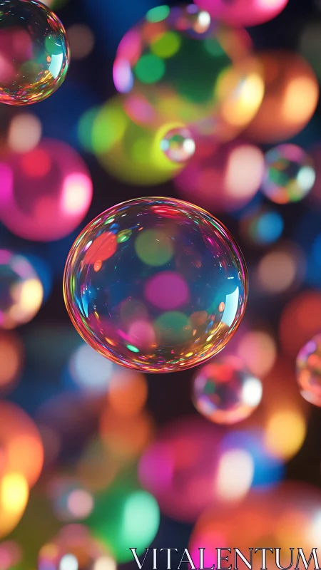 Vibrant soap bubbles with neon bokeh reflections in motion.
