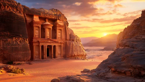 Rock-cut desert temple facade under low sunset light.