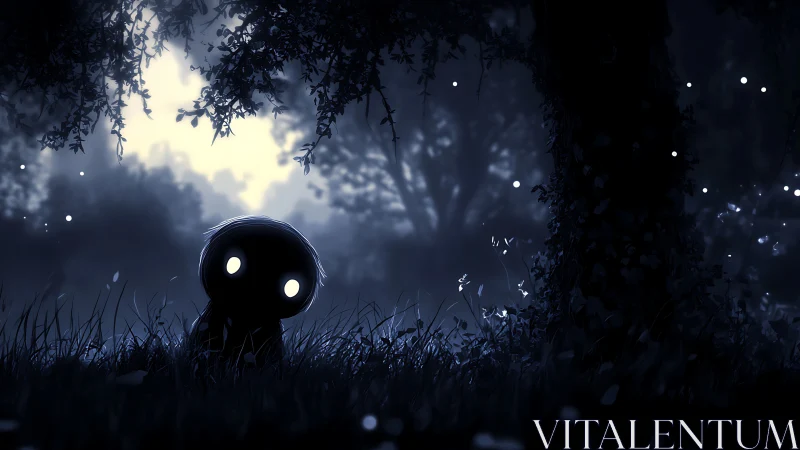 Silhouette creature watches glowing fireflies in dark forest