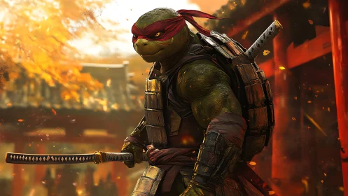 Armored mutant turtle warrior with katana in autumn shrine