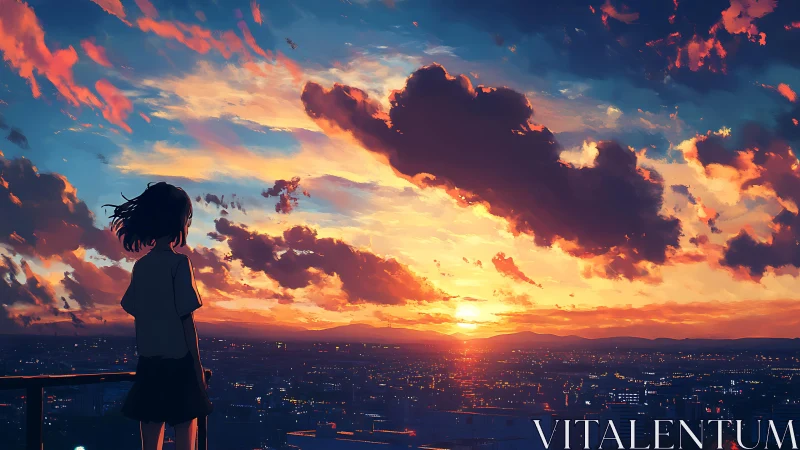 Silhouetted figure observes dense sunset clouds over cityscape