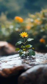 Solitary yellow wildflower on wet river rock after rain.