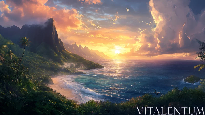 Coastal mountains and ocean horizon under sunset sky.