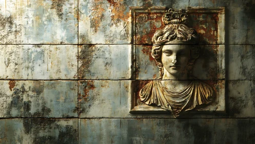 Classical stone relief bust on weathered rusted wall tiles.