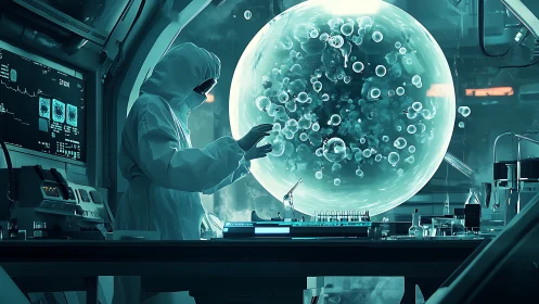 Scientist in hazmat suit studying giant glowing cell sphere.