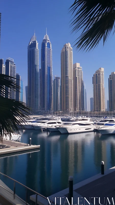 Luxury marina with highrise skyline under clear blue sky.