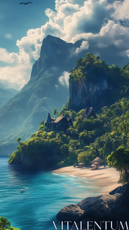 Tropical Island Castle Among Towering Cliff Formations