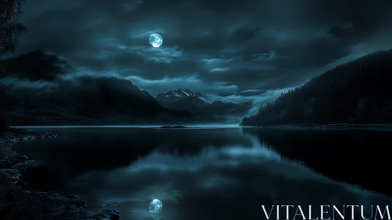 Full moon illuminates mountain lake under dense cloud cover