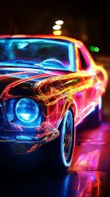 Neon-traced muscle car with chromatic motion light trails.