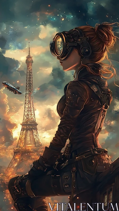 Steampunk scout in flight goggles overlooking neon Paris skyline.