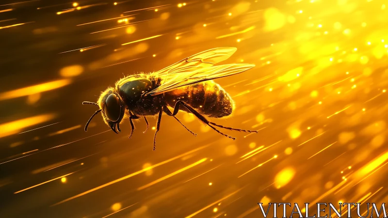 Honeybee soars through radiant streams of golden light.