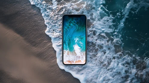 Smartphone lies in foamy surf blending screen and shoreline