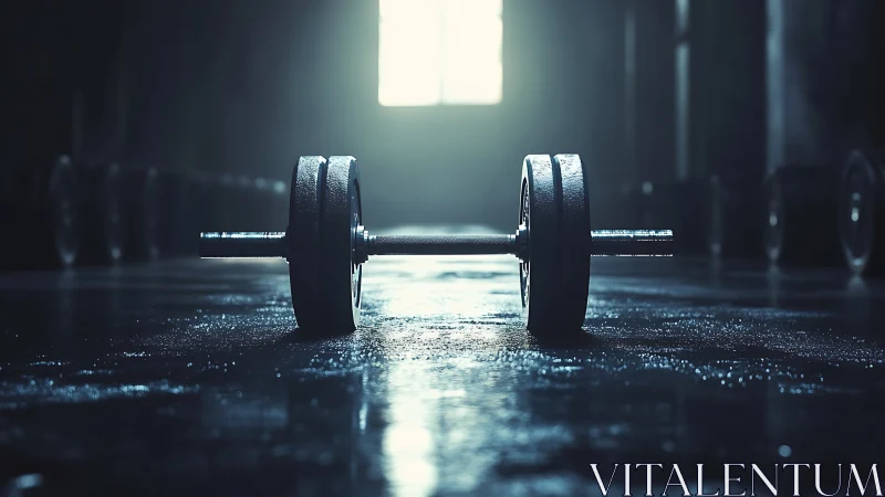 Steel barbell rests on wet gym floor under directional backlight