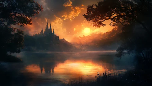 Castle silhouette across lake under low sunset sun glow.