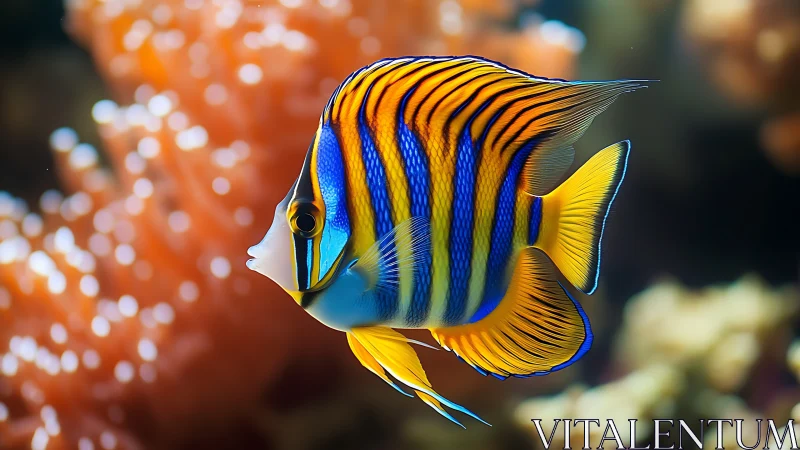 Coral-king angelfish glides through liquid fire coral glow.