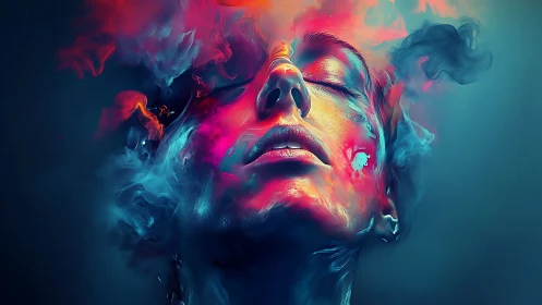 Surreal portrait cloaked in neon smoke and burning color.