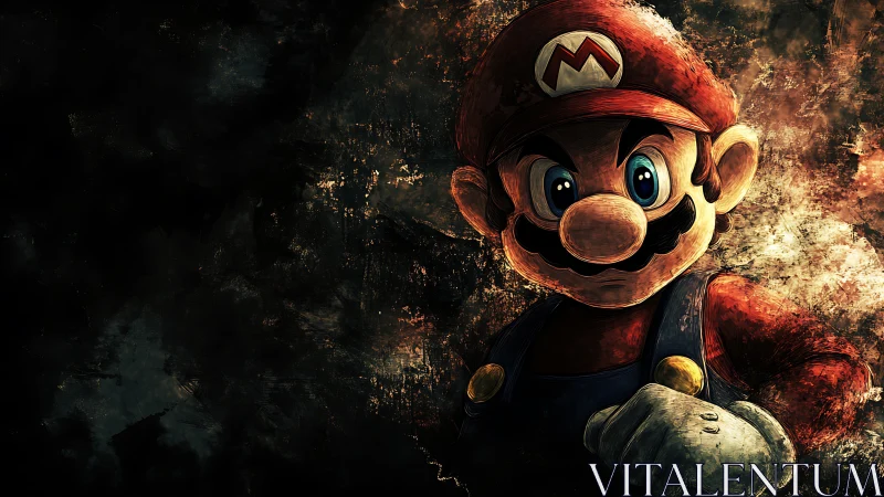 Dark textured portrait of heroic cartoon plumber figure.