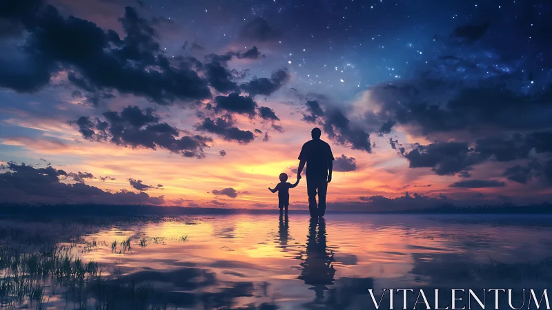 Gentle evening sky cradles a parent and child in reflection