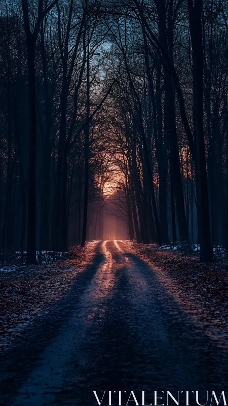 Forest Path Illuminated: Twilight Road Through Bare Winter Trees.